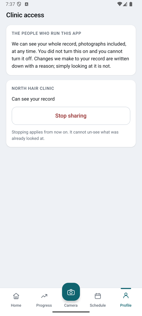 The clinic access screen of the GraftView app, listing what a grant to a clinic would cover, with the control to grant or end access.