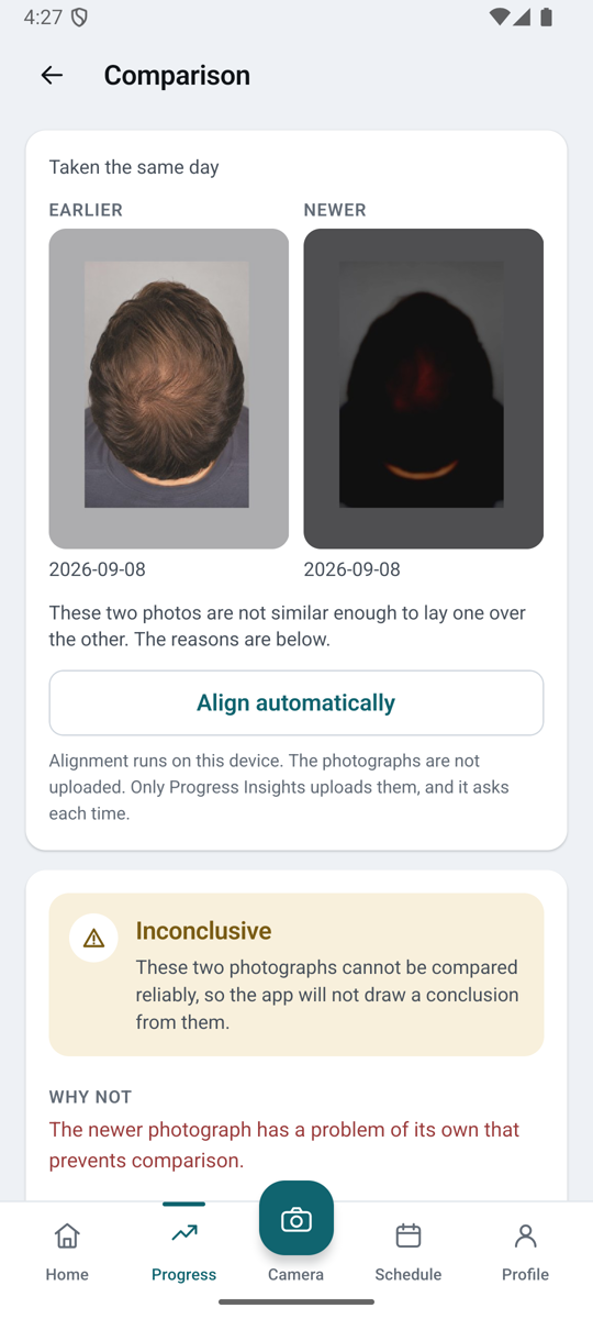 The GraftView comparison screen showing a pair marked not comparable, with the reason.